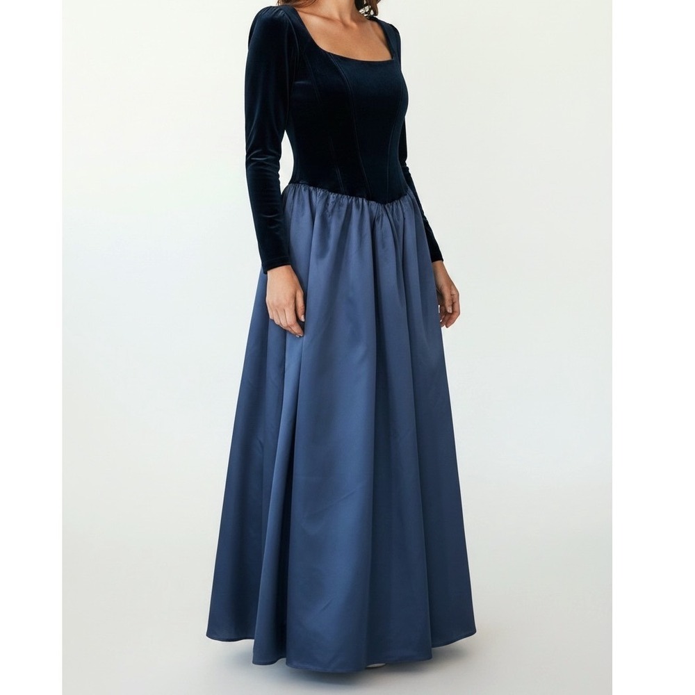 Vintage Scott McClintock Velvet Bodice Maxi Dress Long Sleeve Blue Black Size 6